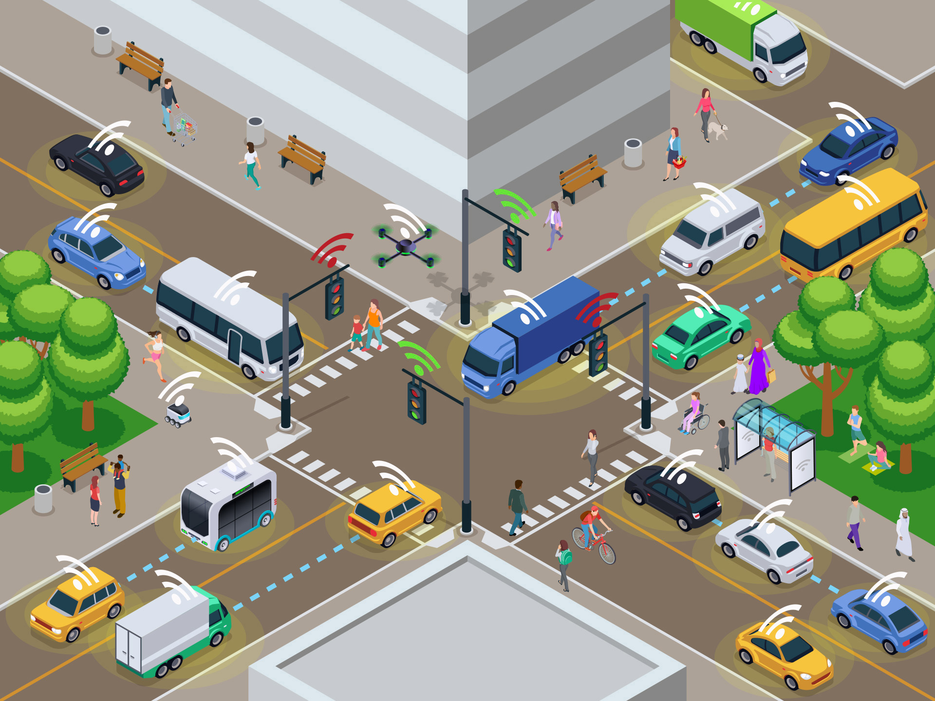 An illustrated isometric city intersection showing interactions between pedestrians and various types of vehicles